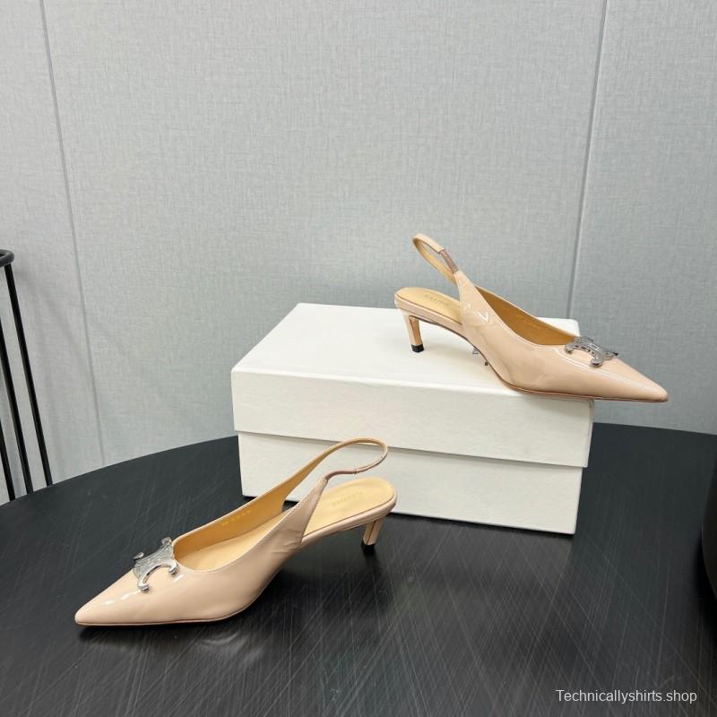 2025 Women Celine Beige Leather Slingback Shoes Metal Buckle