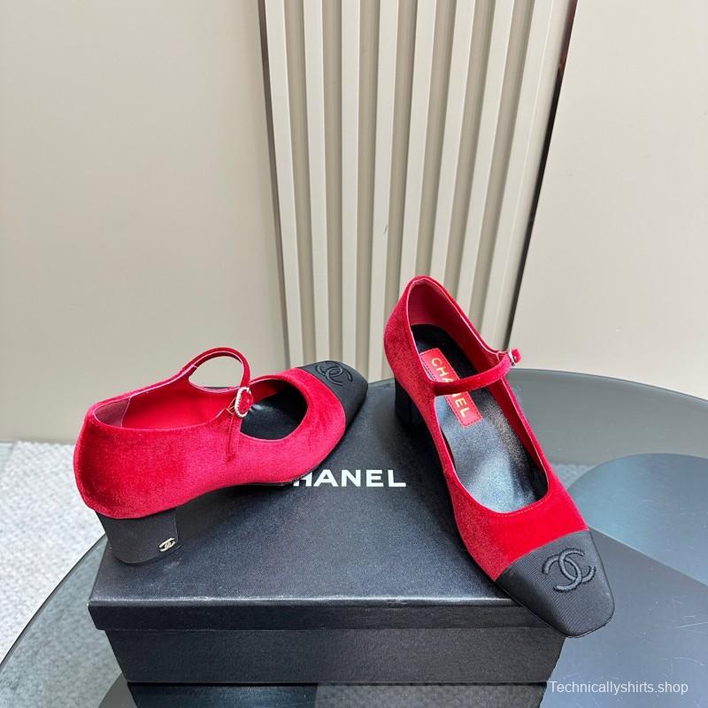 2025 Women Chanel Red Black Suede Leather Mary Jane Logo KFY00290
