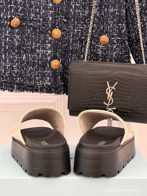 2025 Women Prada Beige Leather Platform Sandals