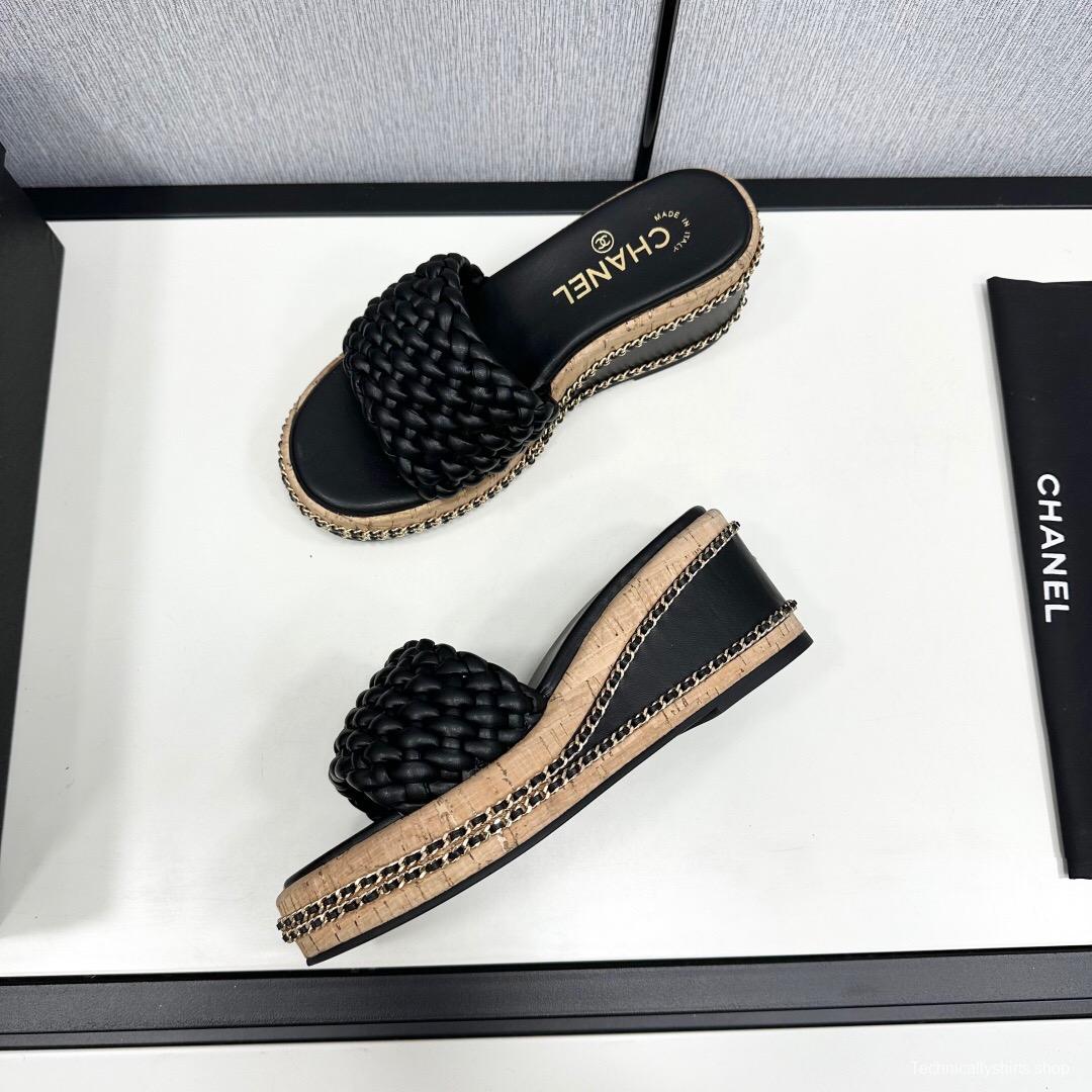 2025 Women Chanel Black Leather Woven Platform Sandals