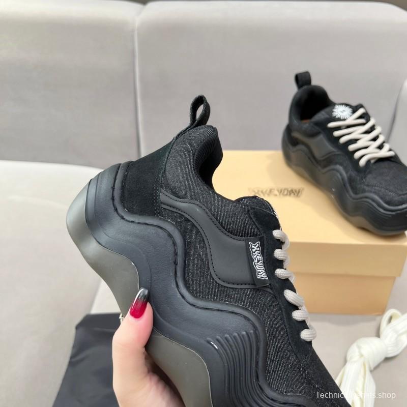 2025 Unisex HEYDAY Black Canvas Leather Wave Sneakers KFY00260