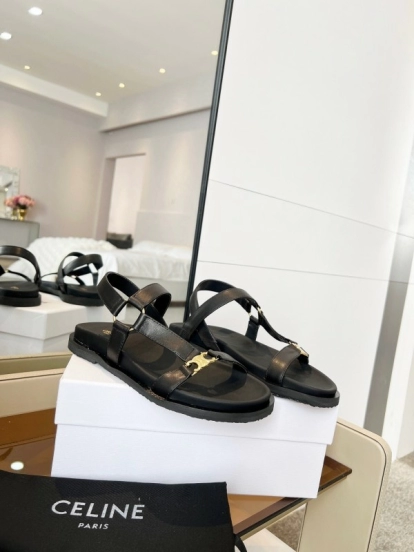 2025 Women Celine Black Leather Sandals LY00220