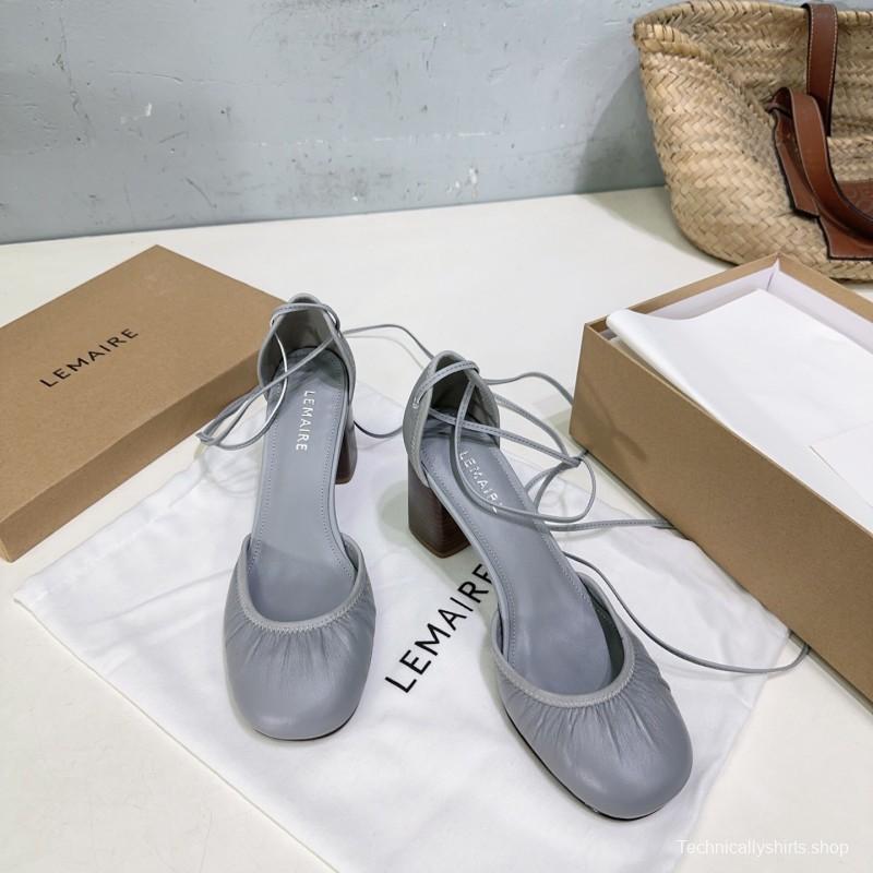 2025 Women LEMAIRE Grey Leather Mary Jane Block Heel KFY00300