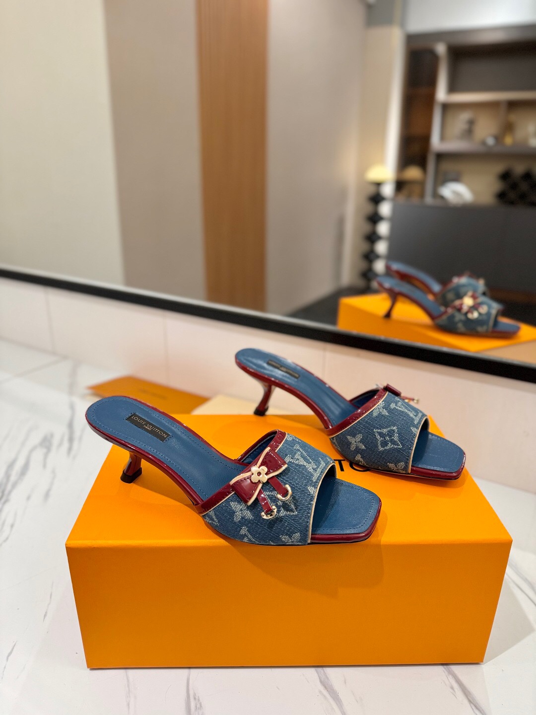 2025 Women Louis Vuitton Blue Denim Leather Mules