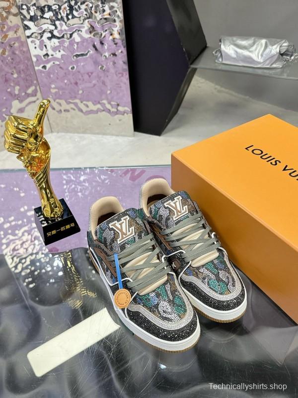 2025 Unisex Louis Vuitton Blue Grey Black Leather Fabric Sneakers Handcrafted Crystals AS00400