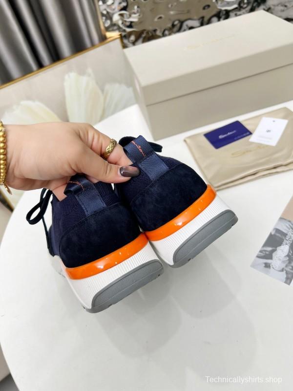 2025 Unisex Santoni Navy Orange Wool Knit Leather Sneakers AS00320