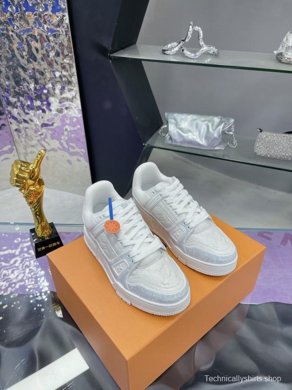 2025 Unisex Louis Vuitton White Leather Denim Trainers With Beads AS00400