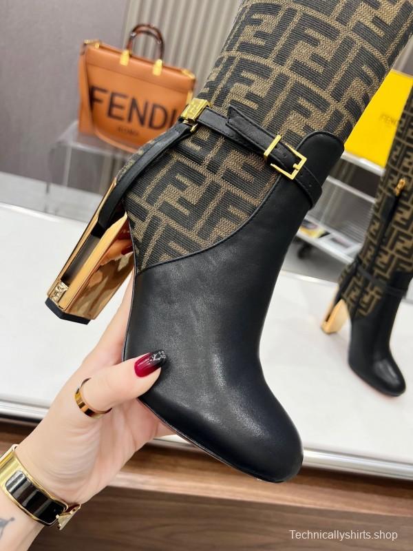 FENDI Delfina Round Toe Boots with FF Buckle and Heel Detail - LY00