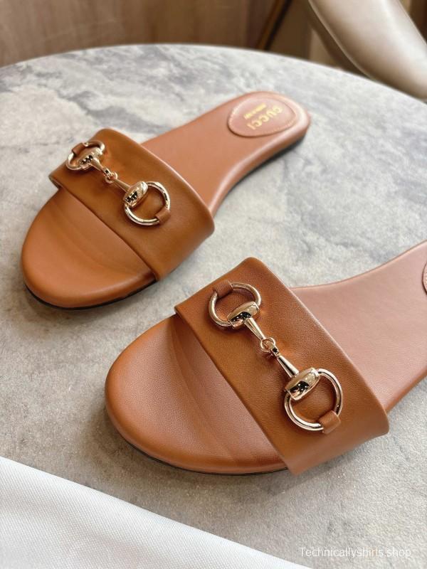 Gucci 8023-3 Leather Sandals with Light Gold Horsebit Detail