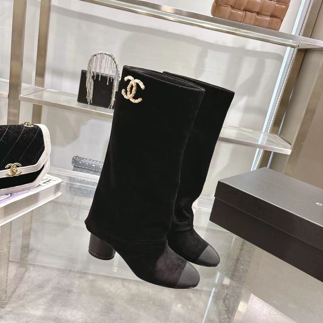 Chanel 2025/SS Small Fragrance Autumn Winter Runway Turned-Cuff Block Heel Straight Leg Boots - LY00510