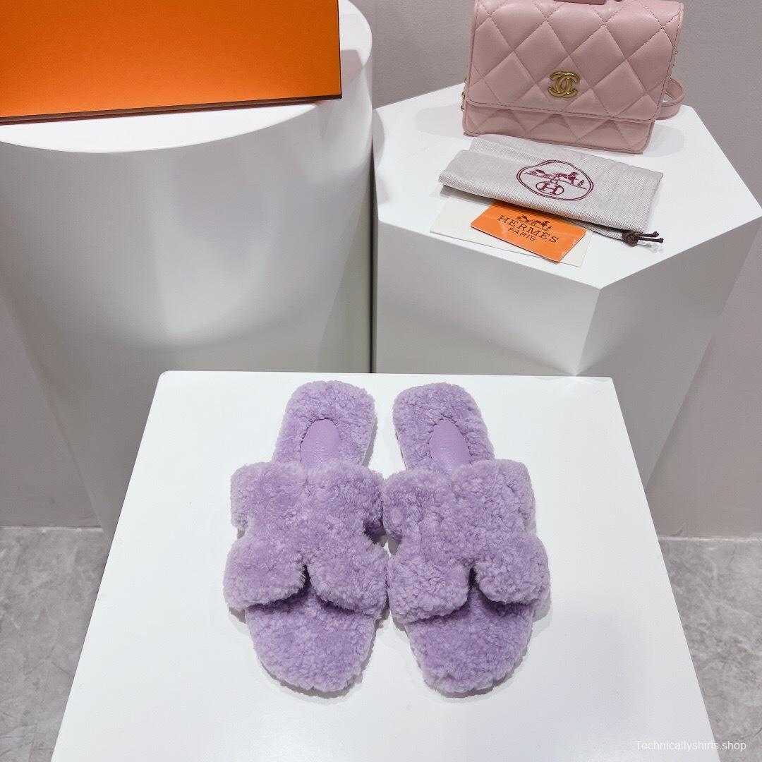 Hermès 2025 SS Teddy Wool H Slippers Flat Fur Slippers - LY00240