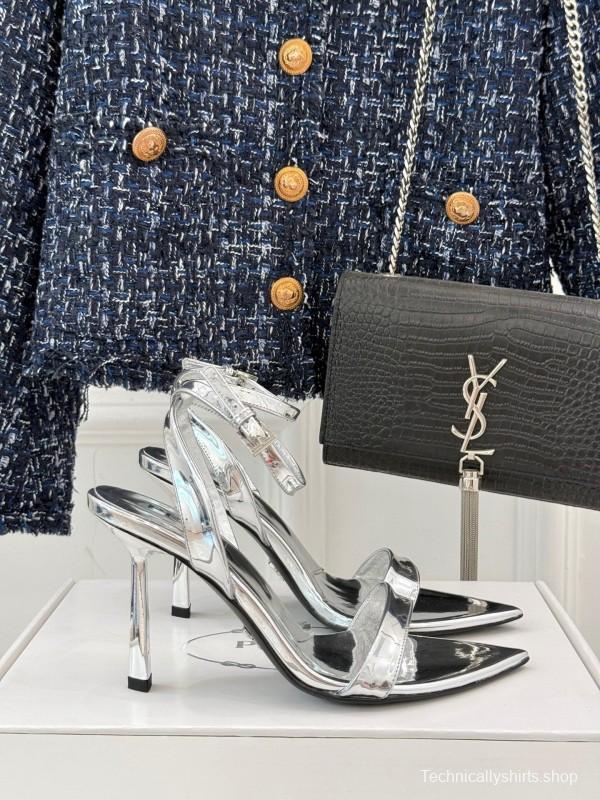 Prada 2025 SS Pointed Toe High Heel Sandals with Triangle Buckle - KFY00280