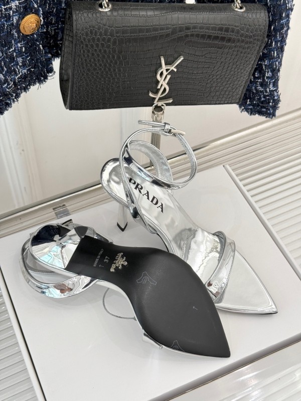 Prada 2025 SS Pointed Toe High Heel Sandals with Triangle Buckle - KFY00280