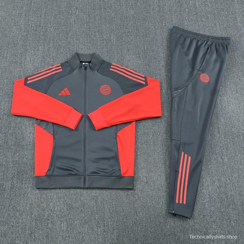 25/26 Bayern Munich Grey with Red Sleeves Half Zipper Jacket Tracksuit +Long Pants