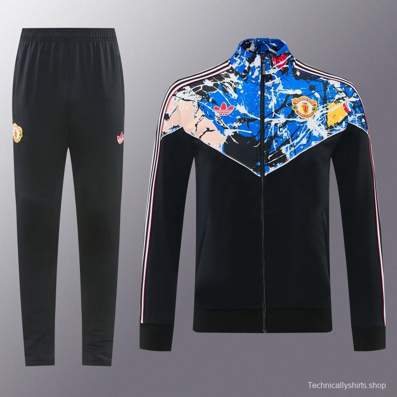 2026/27 Manchester United Black Grunge Splatter Paint Full Zipper Jacket Tracksuit + Long Pants