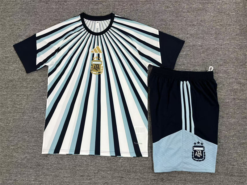 2026 Kids  Argentina White & Light Blue Radial Stripe Short Sleeve+Soccer Shorts