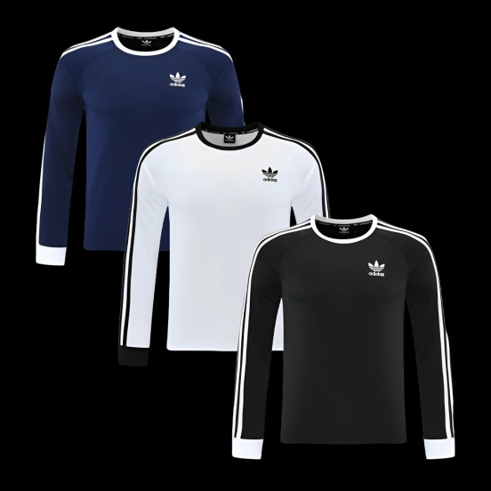 2025 Adidas Originals Long Sleeve T-Shirt Collection - Navy/White/Black with 3-Stripes